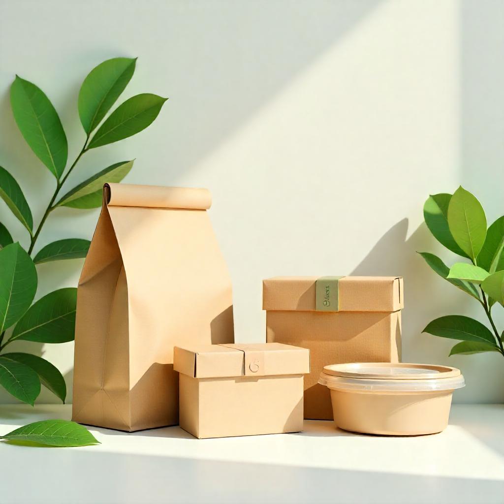 Recycled paper packaging including kraft paper boxes and compostable containers with eco-friendly labels.