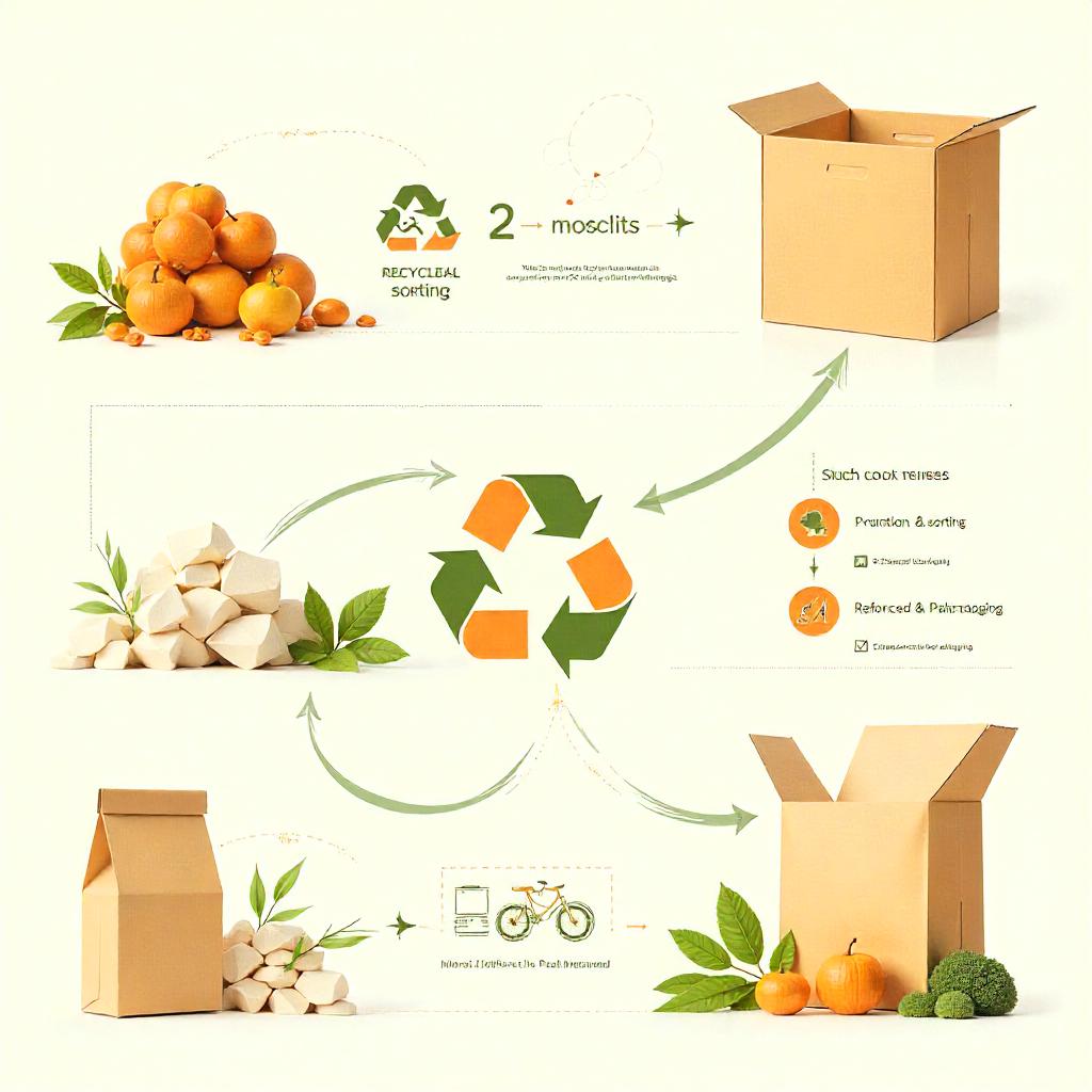 Infographic illustrating the three-step process of recycled paper packaging, including collection, processing, and reformation.