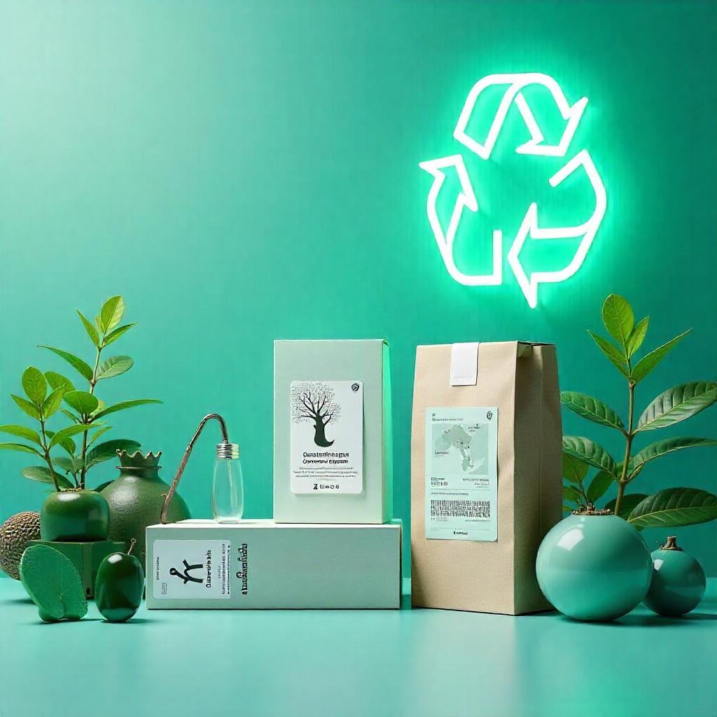 A futuristic representation of sustainable packaging with plant-based inks, biodegradable coatings, and advanced recycling technology.