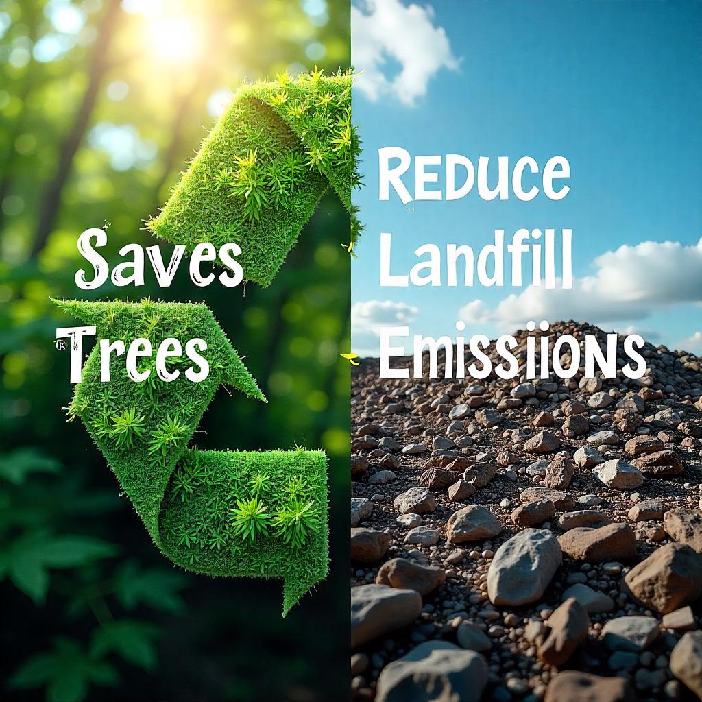 Split-screen image contrasting green forest with polluted landfill to show paper recycling benefits.