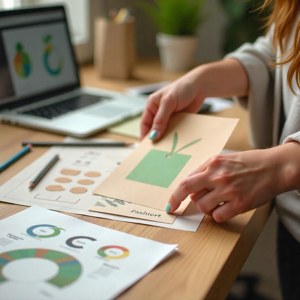 A packaging designer working on eco-friendly kraft paper packaging concepts at a desk.